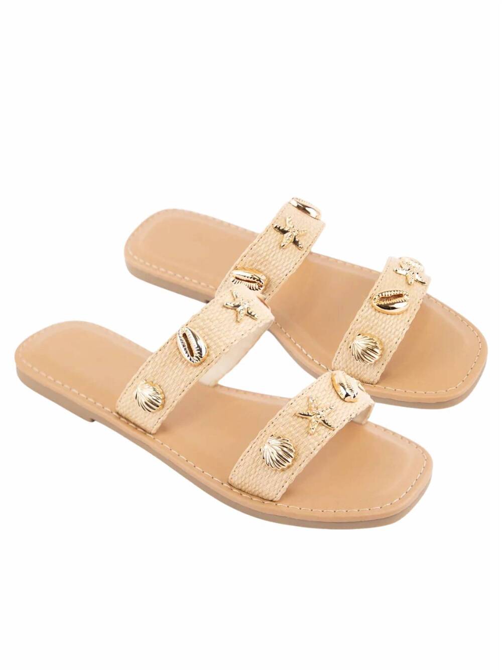 NEW FORTUNE DYNAMIC women's samoa raffia beach charm double strap slide sandal i